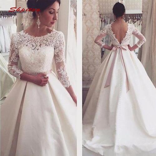 Long Sleeve Lace Wedding Dresses Turkey Satin Sequin Plus Size Bride Bridal Weding Weeding Dresses Wedding Gowns 2019