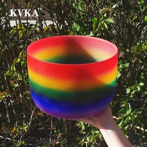 KVKA 8" Note C/D/E/F/G/A/B Chakra Rainbow Frosted Quartz Crystal Singing Bowl For meditation