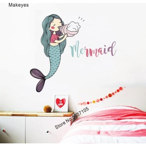 Makeyes Mermaid Beautiful Wall Stickers Sea Marine Wall Decals Muli Colored Wallpaper Girls Bedroom Decoration Cute Design Q690