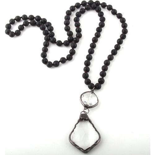 MOODPC Fashion Bohemian Tribal Jewelry Lava Stones Long Knotted Glass Maple Leav Pendant Necklaces Women Necklace Dropship