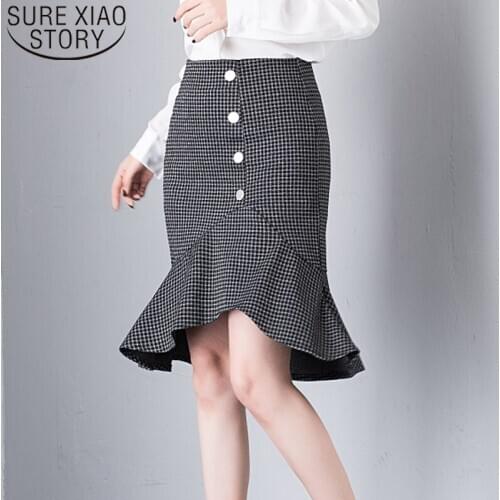 2021 Summer New Korean-Style Slim Fit Ruffled One-Step Skirt High Waist Chic Fishtail Women Skirt Hip Skirt Plaid Skirt 8818 50