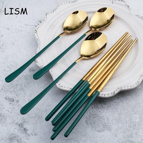 Korean Stainless Steel Food Chopsticks Spoon Set Long Handle Flat Non-Slip Chopsticks Dessert Spoon Dinnerware Set With Gift Box