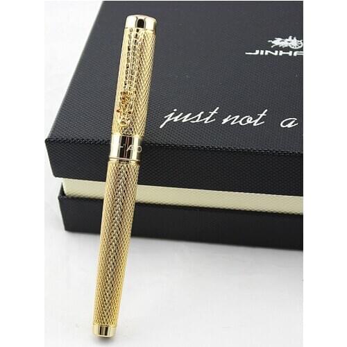 JINHAO Luxury Dragon Bright Gold squares Line Barrel Fountain Pens Medium Nib New