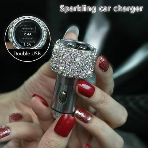 Crystal inlaid bling bling 2-port USB car charger mutifunction car charge with safety hammer function
