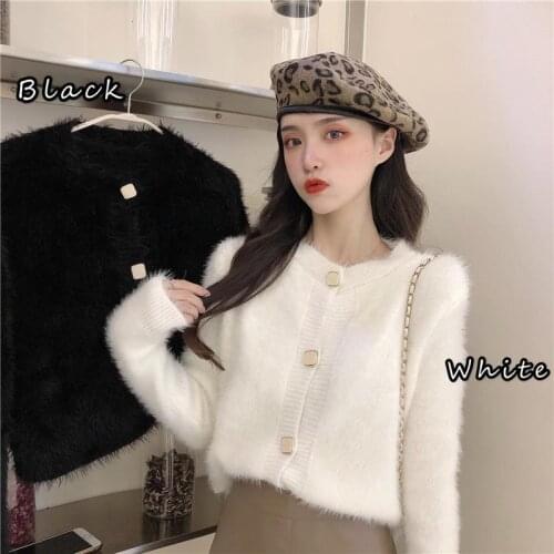 Temperament Gentle Wind Black Mohair Cardigan Korean Chic Fashion Gentle Slim Winter Sweaters Long Sleeve Sweet Beige Tops Knit