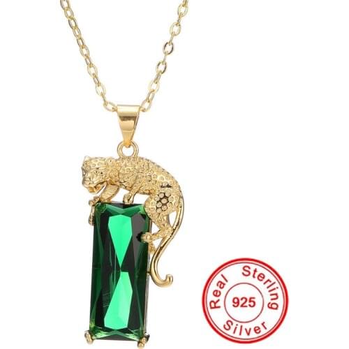 Yellow Gold Plated leopard Emerald Gemstone Pendant Women 925 Silver Color Tourmaline Green Crystal Pendant Necklace Jade