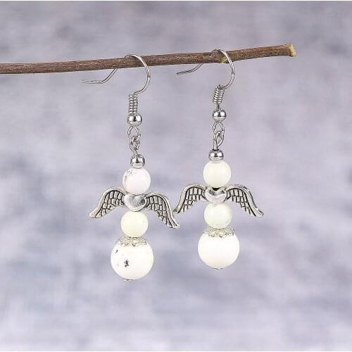 Natural Stone Beads Earrings For Women 2020 Fashion Silver Color Angel Wings Hanging Dangle Earring Female Boho Jewelry