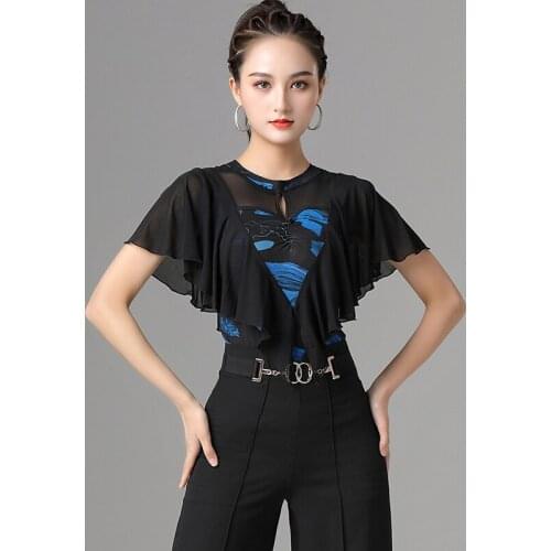 Women Ballroom Dance Tops Summer Tango Cha Cha Practice Wear Ruffle Performance Shirt Latin Dance Competition Clothes VDB3806