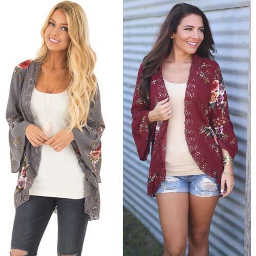 New Fashion Womens Vintage Floral Print Shawl Kimono Cardigan Boho Chiffon Half Sleeve Loose Coats Cardigans