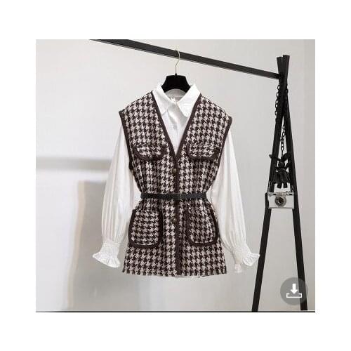 Small Fragrance Vintage 2 Pcs Women Set Turn Down Collar Long Sleeve Shirt +V Neck Sleeveless Plaid Vest Spring Suit