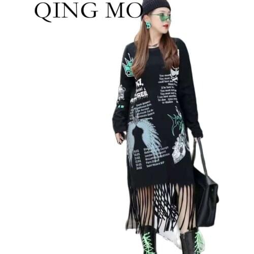 QING MO Autumn Fashion Letter Printing Punk Style Tassel Dress Loose And Thin 2021 New Black Female Long T Shirt Dress ZWL731
