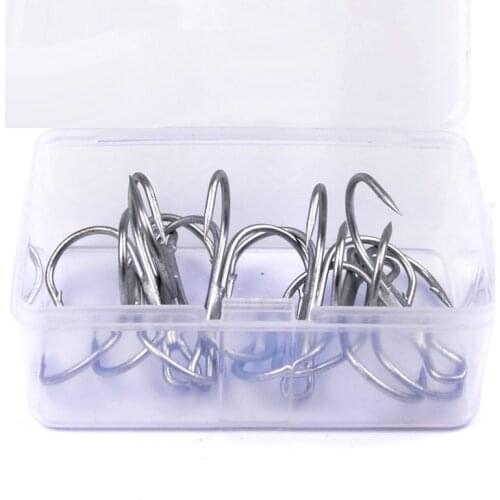 10pcs boxed hooks 1/0# 2/0# 3/0# white high carbon steel three hooks Treble Hooks Barbed High Carbon Steel Fishing