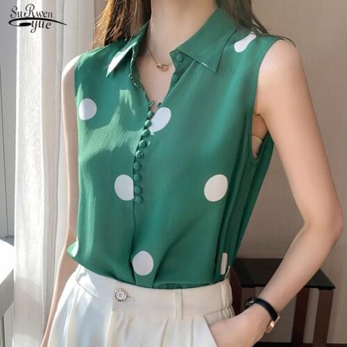 2021 Summer Sleeveless Polka Dot Shirt Woman Casual Printing Women Clothing Button Turn Down Collar Female Blouse Blusas 14452