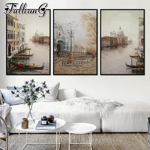 FULLCANG 5d diy diamond embroidery Abstract water city landscape painting triptych full square round drill home decor FC2764