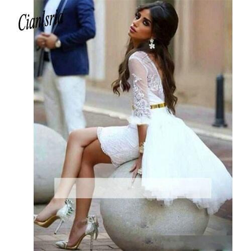 White 2020 Elegant Cocktail Dresses Sheath 3/4 Sleeves Short Mini Lace Sash Party Plus Size Homecoming Dresses
