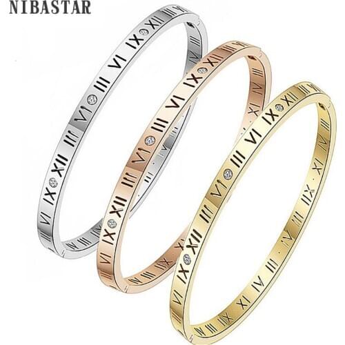 Roman numeral design Cuff Bangle Stainless Steel women Fashion Bracelet Crystals