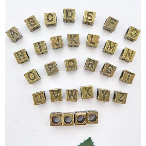 Wholesale letter/alphabet square cube alloy antique bronze big hole charm beads 100pcs/lot bracelet 8x8mm free shipping XZ03