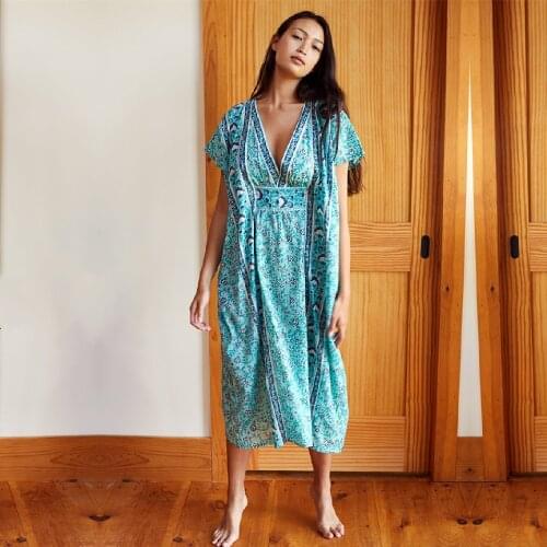 2021 Quick-drying Bohemian Printed Summer Women Beachwear Kaftan Cover-ups Beach Midi Dress Cotton Tunic Swim Wear Cover Up Q921