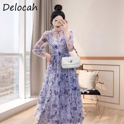 Delocah New 2021 Autumn Women Fashion Designer Beach Holiday Long Dress Lantern Sleeve Gorgeous Ruffles Floral Printed Dresses