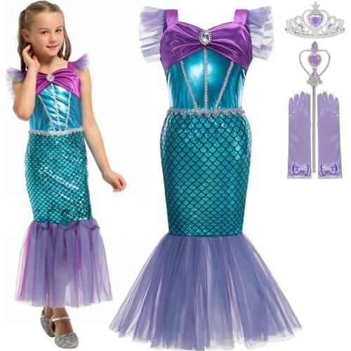 Kids Sequin Mermaid Dress For Girls Tulle Ruffles Lace Slim Clothes Fish Pattern Print Princess Costumes 4-8T Birthday Gift