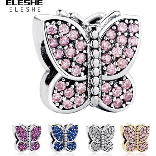 ELESHE 100% 925 Sterling Silver Butterfly Beads with 5 Colors Crystal European Charm Fit Original Bracelet Bangle DIY Jewelry