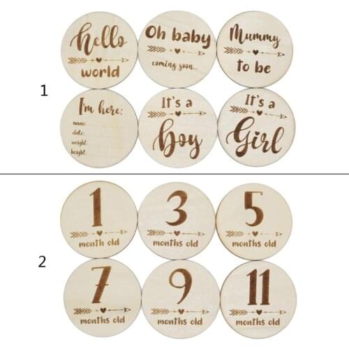 HX5D 6 Pcs Handmade Baby Milestone Card Vintage Numbers Engraved Wood Infants Gender Card Bathing Gift Newborn Photography Props