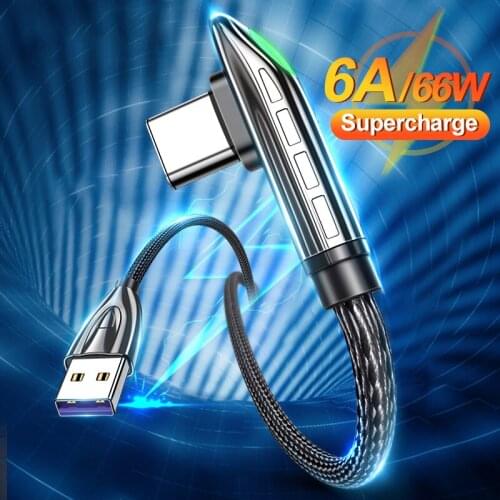 6A 66W USB Type C Cable For Huawei P50 Mate 40 Pro Samsung LED 5A Fast Charging USB-C USBC Charger 90 Degree Cable Data Cord 2M