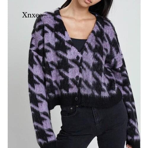 V Neck Oundstooth Cardigans E-Girl Punk Fashion Color Blocking Long Sleeve Sweaters Winter Streetwear Gothic Loose Jumpers Tops