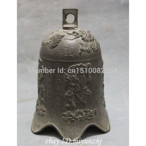 Chinese Collect Bronze 4 Heavenly Kings Fly Dragon Statue Buddhist Temple Bell