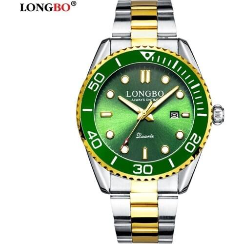 2019 Fashion Longbo Top Brand Watch Men Sports Rotatable Bezel Gmt Sapphire Glass Date Golden Luxruy Full Stainless Steel Gifts