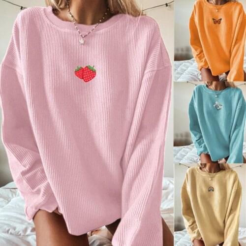 Autumn Printed Long Sleeve Sweatshirt Women Ribbed O-Neck Candy Colors Female Basic Sweatshirts Vintage Loose Lady Pullover