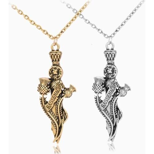 The Outlander Necklace Scotland Thistle Sword Weapon Pendant Enamel Necklaces Sassenach Theme Jewelry for Friends