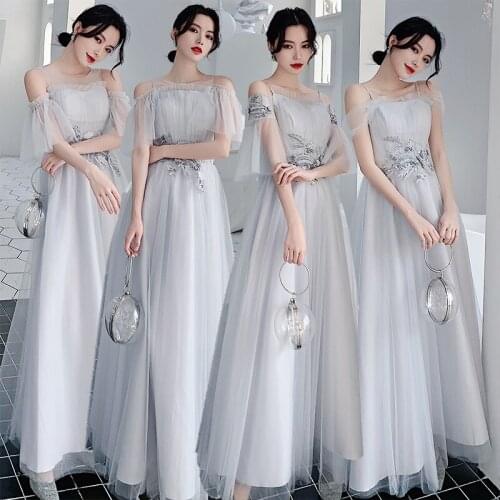 Bridesmaids Dresses Appliques Pearls Embroidery Off The Shoulder A-Line O-Neck Tulle Floor-Length Women Wedding Party Gown E367