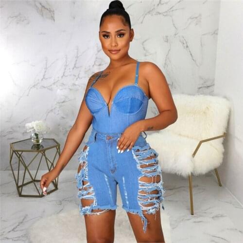 Blue Ripped Cut Out Denim Shorts With Tassel Women High Waist Straight Streetwear Hollow Out Sexy Hole Jean Shorts Female 2021