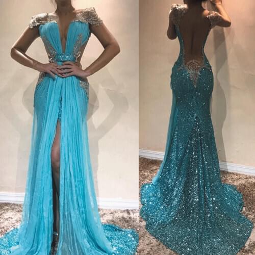 SuperKimJo Sparkly Evening Dresses Long Vestidos De Fiesta De Noche Blue Mermaid Beaded Lace Applique Evening Gowns