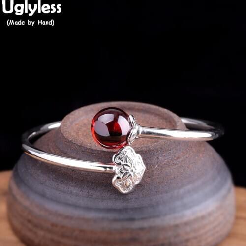 Uglyless Pretty Red Garnet Bangles for Women Ethnic Silver Heart Open Bangles Real 925 Silver Bijoux Gemstone Fine Jewelry BA661