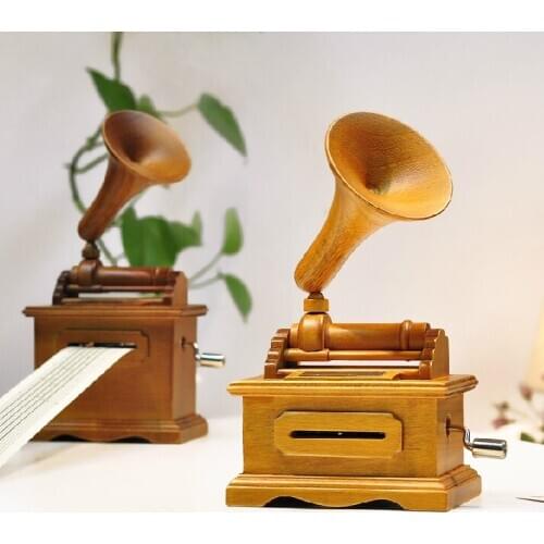 Vintage Phonograph Wood Music Box DIY With paper tape Home decoration Crafts Clockwork Birthday surprise Gift For girls