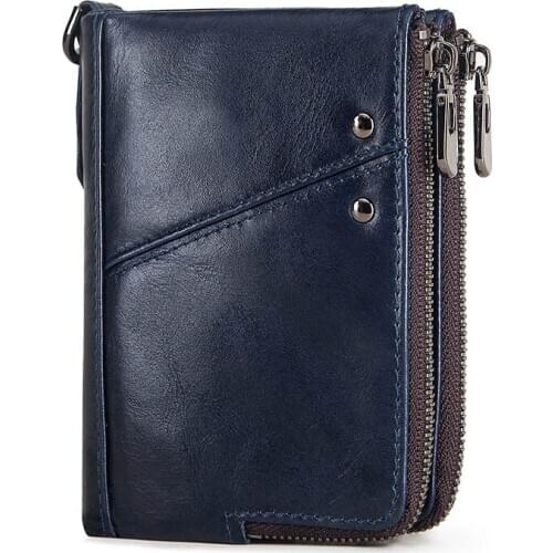 High Quality Anti-theft Brushed RFID Leather Mens Wallet Multifunctional Double Zipper Vertical Wallet Unique Coin Purse