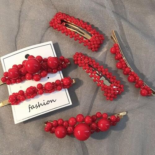 Korea Imitiation Pearl Flower Hairpins Red Retro Pearls Hair Clip Square Shape Hollow Barrettes For Women Pearl BB Hair Pins M36