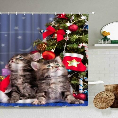 Merry Christmas Shower Curtain Fun Cats Dogs Animal Christmas Tree Holiday Party home Bathroom Decor With Hook Waterproof Screen