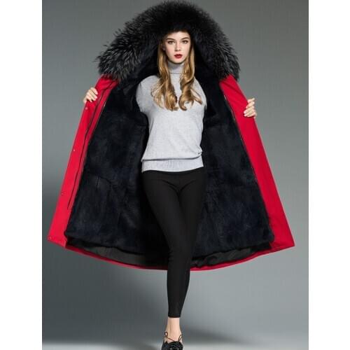 Natural Rabbit Liner Parka Clothes 2020 Autumn Winter Jacket Women Raccoon Fur Collar Long Trench Coat MY3538