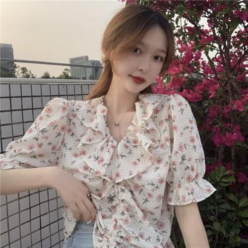 Summer fresh plaid floral print lotus leaf v-neck puff sleeve chiffon shirt drawstring top blouse female