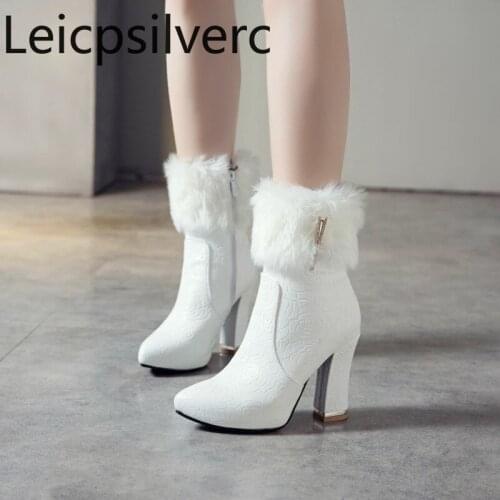 Womens Boots Autumn And Winter The New Pointed zipper Crystal Thick heel High heel Short tube Womens shoes plus size 34-43