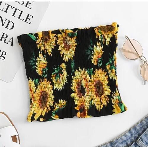 Women Floral Elastic Tube Tops Bra Blouse Off Shoulder Strapless Crop Tops Shirt