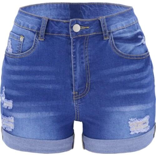 Womens Ripped Denim Jean Shorts Mid Rise Stretchy Folded Hem Short Jeans With Pockets