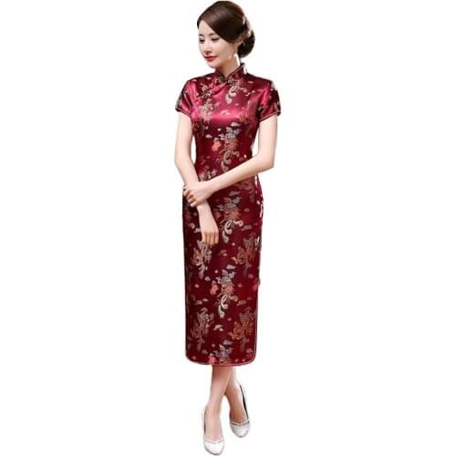 Women Cheongsams Fashion Short Sleeve Dragon Phoenix Print Chinese Cheongsam Banquet Midi Dress 2021 платье летнее