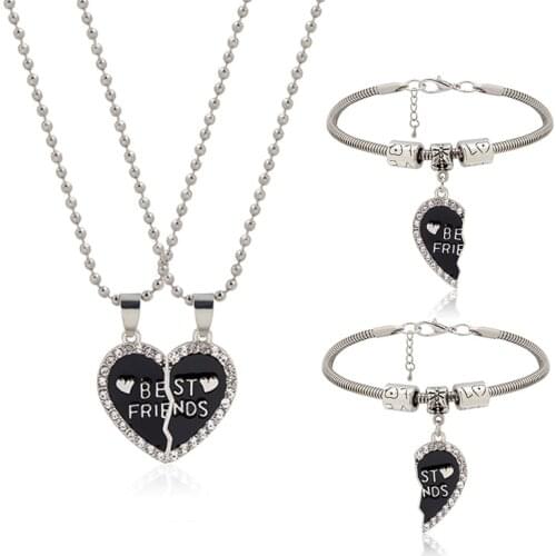 2pcs Best Friends bff Necklace Black Crystal love Heart Paired Pendants Couple Neckalce Men Women Friendship Neck Chain Jewelry
