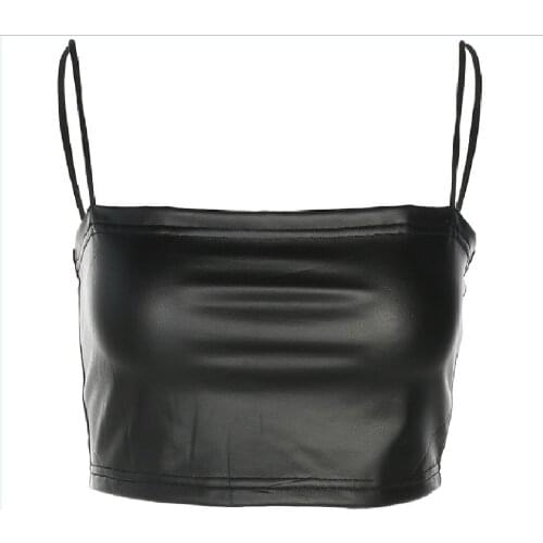 2019 Summer Solid Sexy Women Leather Clubwear Sleeveless Vest Crop Tank Tops Blouse