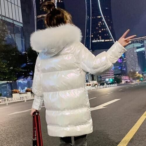 2020 White Long Winter Coats Parka Hooded Jacket Women Long Glossy Parka Warm Thicken With Fur Collar