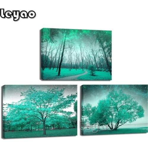 3 Piece diamond painting Wall Art Teal Green Tree Forest Triptych Landscape diamond embroidery,full drill,sqaure/round diaomnd